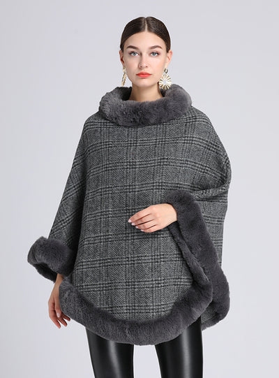 Rex Rabbit Fur Collar Shawl Cape Loose Cloak
