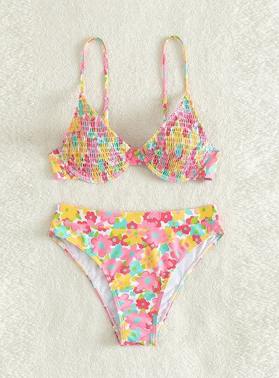 Printed Pleated Steel-supported Bikini Swimsuit