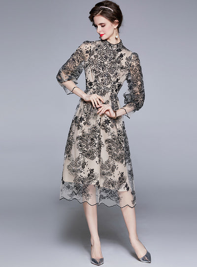 Long Slim Gauze Embroidery Dress