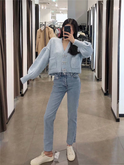 Women Fashion Rhinestone Buttons Loose Knitted Cardigan