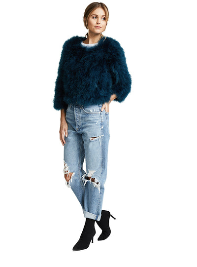 Blue Faux Fur Elegant Women Coats Covered Button 