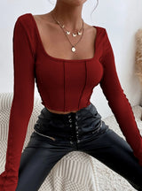 Slim-fit Long Sleeve Square Top T-shirt