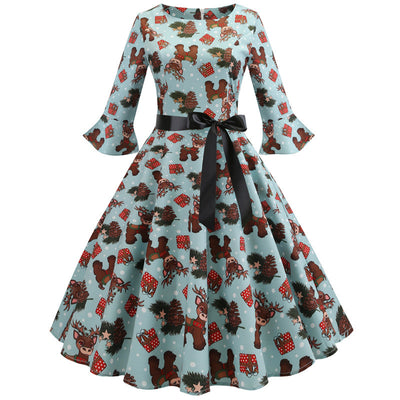Retro Printed Round Neck Short Sleeve Dress