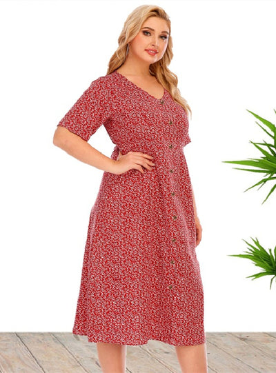 Plus Size V-neck Printed Pocket Dress