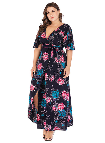 Printed V-neck Short Sleeve Bohemian Split Dress