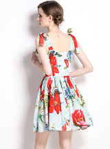 Retro Flower Print Slim Bow Dress