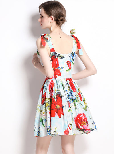 Retro Flower Print Slim Bow Dress