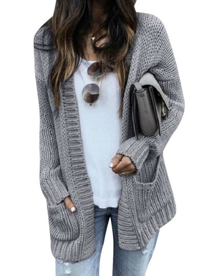 Women Smooth Knitted Sweater Pocket Design Cardigan