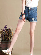 Loose Ripped Denim Shorts Embroidery Hot Pants