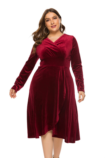 V-neck Long Sleeve Velvet Dress