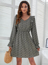 V-neck High Waist Floral Stitching Print Dress