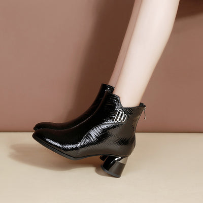 Rugged Pointed Leather Thick Heel Women's Boots