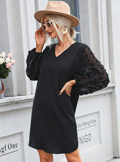 V-neck Skirt Perspective Long Sleeve Dress