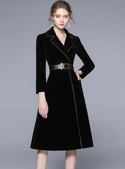 Black Slim Waisted Velvet Coat Jacket