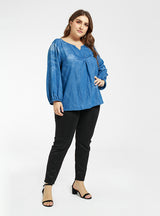 V-neck Puff Sleeve Denim Tie-dyed Thin Top