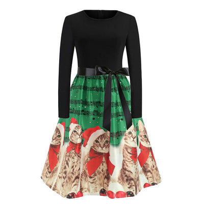 Retro Christmas Printed Long Sleeve Dress