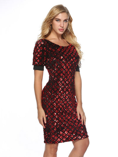 Bubble Sleeve Plaid Sequined Dress