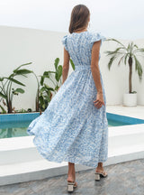 Floral V-neck Short Sleeve Printed Chiffon Dress