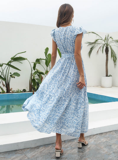 Floral V-neck Short Sleeve Printed Chiffon Dress