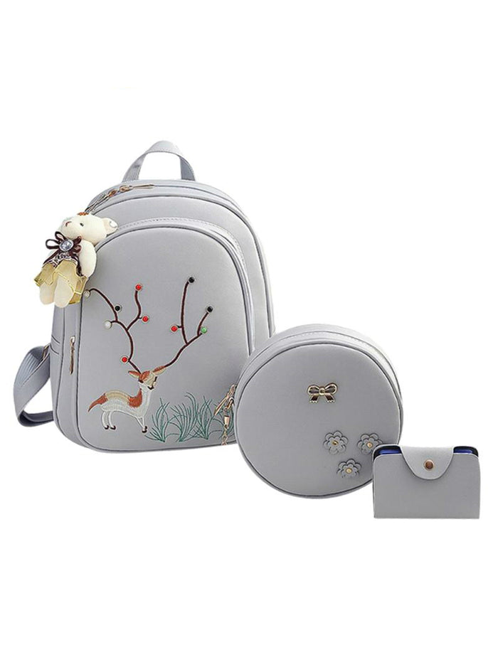 3pcs/Set Deer Embroidery Mini Backpack Women