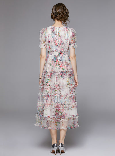 Short Sleeve Print Tiers Cake Dress