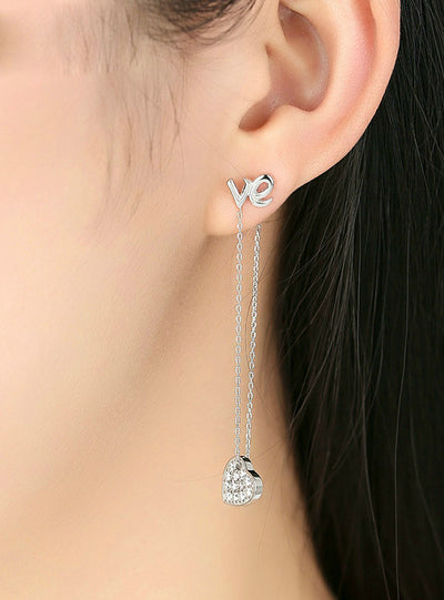 925 Sterling Silver LOVE Long Earrings Heart 