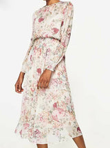 Long Sleeve Floral Dress Elastic Waist Casual Midi Dress