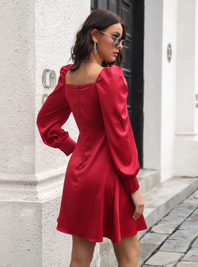 Satin Bubble Sleeve Long Sleeve dress