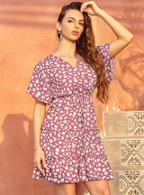 Floral V-neck Lace-up Casual Dress