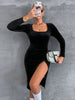 Sexy Slit Slim Square Neck Long Sleeve Velvet Dress