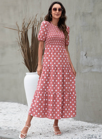 Round Neck Bubble Sleeve Polka Dot Print Dress