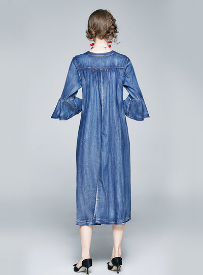 3/4 Sleeve Loose Embroidered Denim Dress