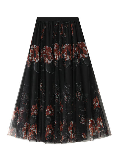 Floral Pleated Long Gauze Skirt