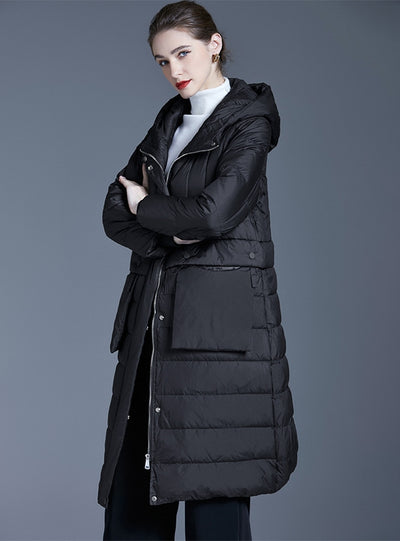 Loose Long Warm White Duck Down Coat Hooded