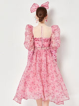 Vintage V-neck Bubble Sleeve Gauze Palace Floral Dress