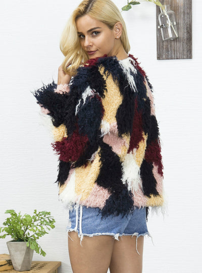Personality Contrast Pattern Faux Fur Jacket