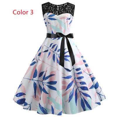 Retro Sleeveless Lace Stitching Print Dress