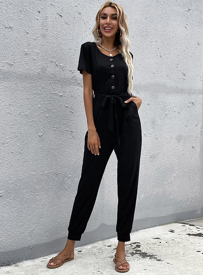 Slim-fit Button Leg Pants Black Jumpsuit