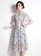 Lace Floral V-neck Short Sleeve Dress