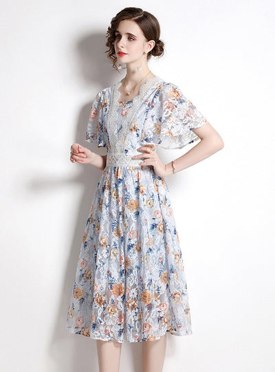 Lace Floral V-neck Short Sleeve Dress