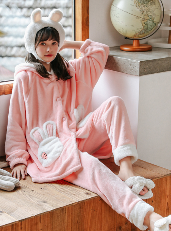Pink Rabbit Flannel Pajamas Thicken Add Velvet Suit
