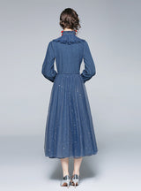 Retro Long Sleeve Mesh Sequined Denim Blue Dress