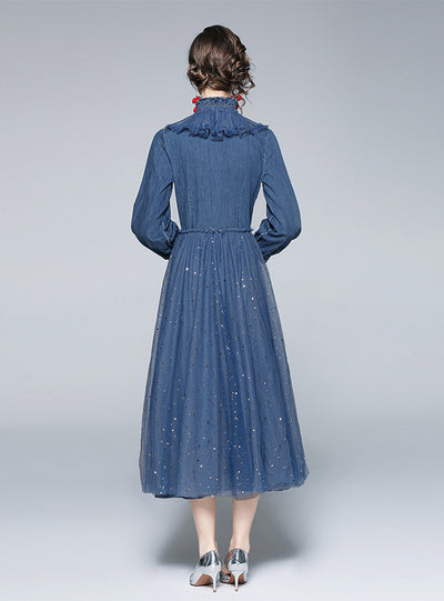 Retro Long Sleeve Mesh Sequined Denim Blue Dress
