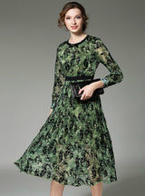Green Pleated Chiffon Dress Vintage Printed