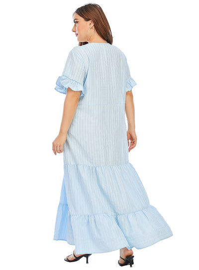 Round Neck Sleeve Hollow Blue Swing Dress