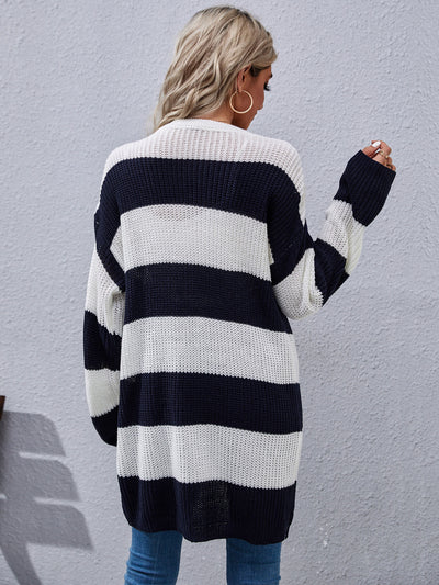 Knitted Cardigan Long Sleeve Striped Sweater Coat