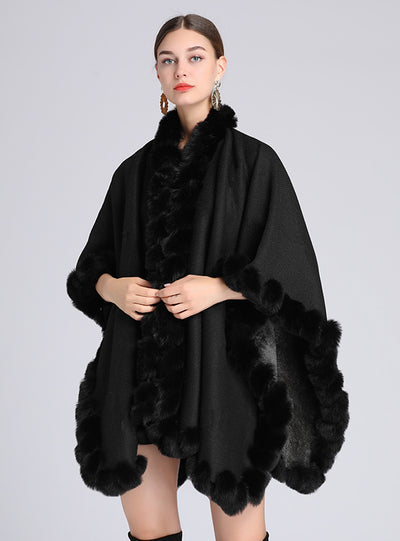 Rabbit Fur Collar Shawl Cape Loose Large Size Knitted Cardigan