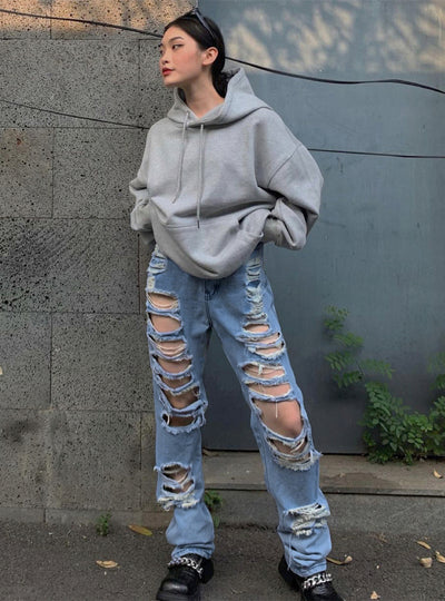 Washing Old Straight Trousers Holes Jeans