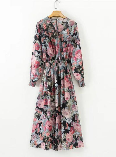 Women Floral Printed Midi Dress Long Sleeve Dress