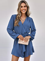 V-neck Long Sleeve Solid Color Casual Jumpsuit